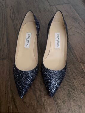 Jimmy Choo Navy-Black Glitter Pointed Toe Pumps